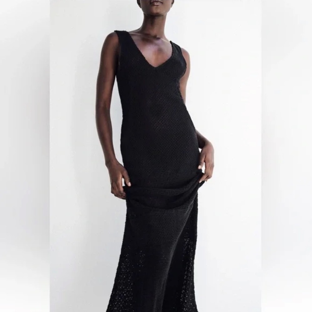 ZARA LONG V-NECK DRESS MIDI MAXI TANK DRESS CROCHET COVERUP BLACK SMALL 4770/151 - Picture 7 of 10